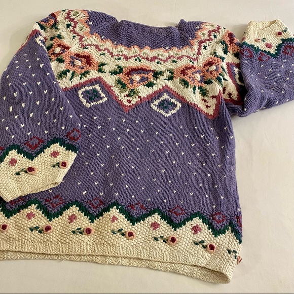 vintage jennifer reed spring floral purple & cream rami/cotton handknit sweater - Picture 4 of 4